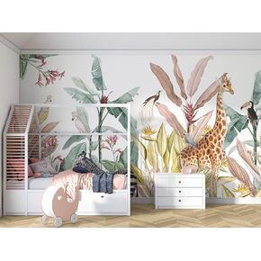 Tropical Banana Leaves and Safari Animals Wallpaper Mural for Kids Bedroom Background Wall (Not Peel and Stick)