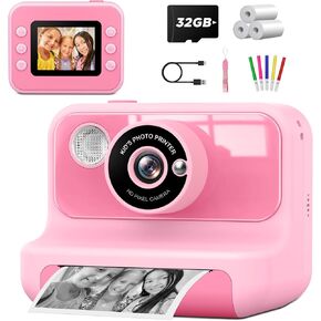 Kids Camera Instant Print, 2.4 Inch Screen Instant Cameras for Kids, Christmas Birthday Gifts Toys Camera for Toddler Girls Boys Age 3-12-Pink