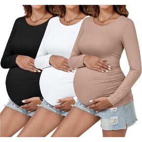 Ficerd 3 قطع من قمصان الحمل النسائية، تي شيرت الحمل مكشكش جانبيًا، تي شيرت أساسي بأكمام طويلة، ملابس ماما غير رسمية