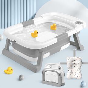 Collapsible Baby Bathtub for Newborn to Toddler, Portable Foldable Baby Bathtub with Soft Cushion and Water Thermometer,No-Slip Hanging Travel Baby Bathtub for Infants 0-36 Months,SalviaBlue