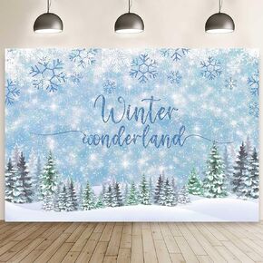 MEHOFOND 7x5ft Winter Wonderland Backdrop Blue Snowflake Woodland Photography Background Glitter Snowy Pine Tree Decor Boy Baby Shower Bday Party Christmas Party Cake Table Banner Photo Booth Props