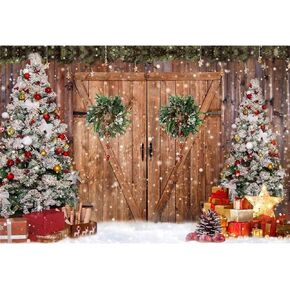 Winter Christmas Backdrop Xmas Photography Backdrop Rustic Barn Wood Door Backdrop Xmas Tree Snow Gift Bell Kids Adult Family Supplies Banner Party Baby Shower Decoration Background 10x8ft