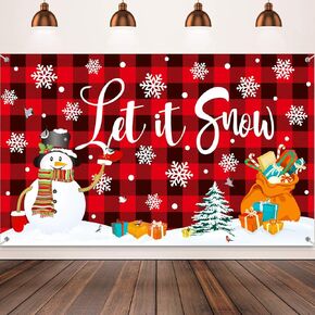 Christmas Snowman Backdrop Let It Snow Decoration Backdrop Buffalo Red Plaid Fabric Backdrop Christmas Snowflakes Banner Backdrop for Christmas Holiday Winter Party Home Decor, 72.8 x 43.3 Inch