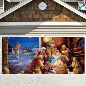 Nativity Scene Christmas Garage Door Banner 16 x 7 ft, Large Christmas Garage Door Decorations Chritstmas Outdoor Backdrop Background for Photo Holy Nativity Christmas Party Outdoor Banner
