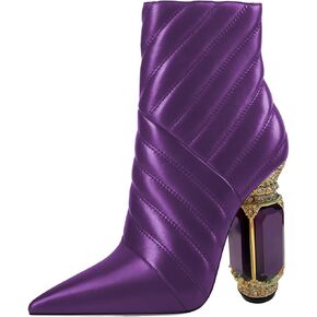 FSJ Women Sparkly Crystal Block High Heel Pointed Toe Ankle Boot Side Zipper Wedding Party Banquet Dress Shoes Size 4-15 US