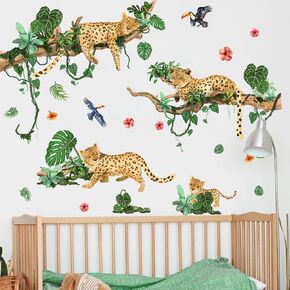 Jungle Animals Cheetah Wall Decals Leopard Vine Wall Decals for Living Room Nursery Boys Girls Bedroom Kids Room,Wall Stickers 2 Sheets 11.8 x 35.43'', Wall Decor Home Decorations