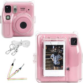 Rieibi Protective Clear Case For Fujifilm Instax Mini SE Case,With Photo Storage Pocket And 2 Adjustable Shoulder Strap For Instax Mini Se Cemera Case Crystal Hard Shell for Instax Mini Accessories
