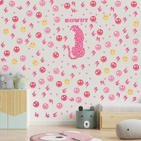 Kisston 9 Sheets Preppy Pink Wall Decal Hot Aesthetic Howdy Smile Face Lightning Vinyl Wall Decals Pink Cheetah Murals Decal for College Students Girls Pink Dorm Bedroom Living Room Nursery Decoration