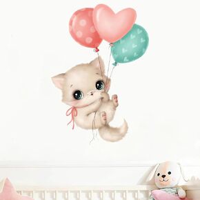 Cute Kitten Colorful Balloons Wall Stickers, sacinora Cat Cartoon Animal Wall Decals Removable Vinyl Peel and Stick for Kids Baby Nursery Bedroom Playroom Kindergarten Art Decorations