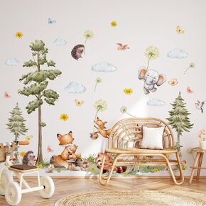 Runtoo Woodland Animals Wall Decals Pine Tree Forest Fox Elephant Peel and Stick Wall Art Stickers for Baby Nursery Kids Bedroom Playroom Decor