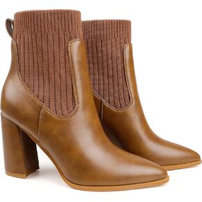 Zzheels Women's Pointed Toe Ankle Boots Knit Sock Booties Elastic Chunky Heeled Slip On Ankle Boots