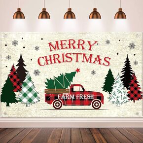Merry Christmas Red Truck Photography Banner Buffalo Plaid Backdrop Xmas Tree Farm Fresh Background Christmas Photo Backdrop for Christmas Winter Holiday Party Decorations Supplies, 72.8 x 43.3 Inch