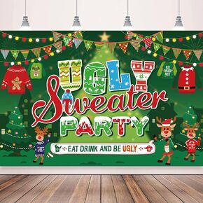 Ugly Sweater Party Supplies Banner Backdrop Green Ugly Christmas Sweater Photo Background Banner 5x3 Ft Ugly Sweater Themed Photography Backdrop for Christmas Party