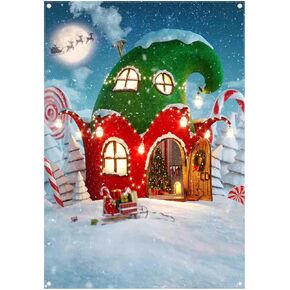 ZTHMOE 5x7ft Polyester Christmas Candy Canes House Photography Backdrop Winter Night Snowflake Background Xmas Pine Trees Cane Sugar Party Decorations Photo Banner Props with Four Holes Easy to Hang