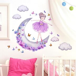 Lovely Purple Moon Girl and Clouds Butterfly Wall Stickers, sacinora Art Wall Decals Removable Vinyl Peel and Stick for Nursery Kids Baby Living Room Children's Room Bedroom Decorations