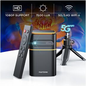 FATORK Mini Projector, 5G WiFi 6 Bluetooth Short Throw Projector, HD 1080P DLP Portable Projector with Rechargeable Battery, 1G Memory, Support Phone Laptop, Compatible with iOS/Android/HDMI/USB