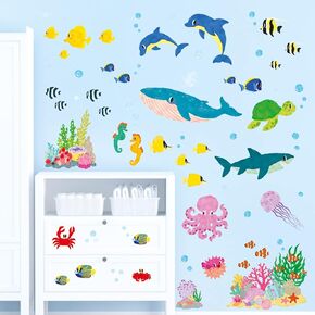 DECOWALL BA-2014s Under The Sea Turtle Wall Stickers Decals Ocean Fish for Bathroom Bedroom Nursery Living Room Home Decor Decoration Kids sea Animals Seaweed Peel and Stick Water boy Baby Shark