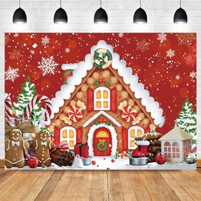 5X3ft Red Christmas Gingerbread House Theme Backdrop Fabric Photography Backdrop Candy House Snowflake Wonderland Pine Tree Photo Background