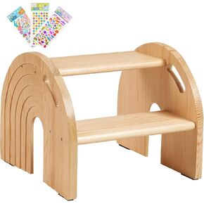 Rainbow Wooden Toddler Step Stool, Two-Step Stool for Bathroom, Kitchen and Potty Training, with Safety Non-Slip Pad, Handle and Auto Light(Natural)