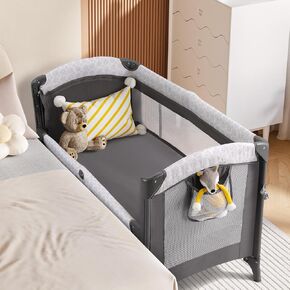 ELEMARA 4 in 1 Baby Bassinet Bedside Crib, Pack and Play with Mattress, Diaper Changer, Storage, Sheet, Music and Black Cover, Portable Playard from Newborn to Toddles, Grey