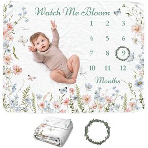 Wildflower Baby Monthly Blanket for Boys, Boho Newborn Month Blanket, Soft Flannel Photography Background Prop Blanket, Floral Personalized Shower Gift, Wildflower
