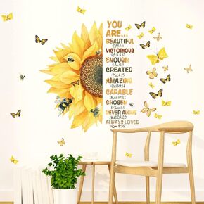 Inspirational Quotes Wall Decals Large Sunflower Butterfly Wall Stickers Family Motivational Phrase Wall Stickers for Teens Girls Bedroom Living Room