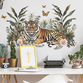 Watercolor Lifelike Tiger Wall Decal Jungle Animals Wall Stickers Removable Tropical Plants Wall Art Decor for Living Room Kids Bedroom Nursery Classroom