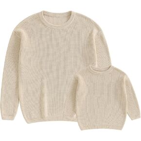 Mommy and Me Matching Sweaters Ribbed Knit Long Sleeve Warm Chunky Pullover Tops Family Fall Winter Clothes