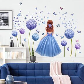 Lovely Blue Dandelion Girl Large Wall Stickers,sacinora Butterfly Fairy Girl Art Wall Decal Removable Vinyl Peel and Stick for Kids Baby Nursery Living Room Children's Room Bedroom Decorations