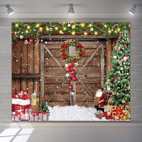 Christmas Backdrops for Photoshoot 10x8ft Vinyl Barn Wood Door Xmas Tree Gift Box Christmas Photography Backdrop Snowy Snowflake Xmas Wreath Xmas New Year Party Decorations Background Photo Booth