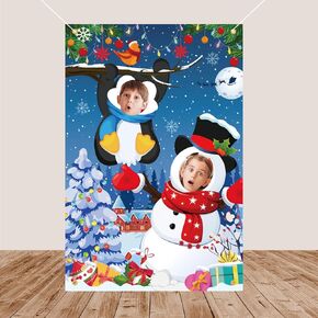 HOWAF Snowman Penguin Photography Backdrop, Christmas Face in Hole Photo Door Cover Funny Christmas Photo Prop Background Banner for Xmas Holiday Winter Christmas Birthday Party Decorations