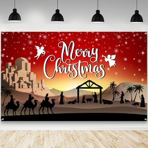 Merry Christmas Backdrop Red Christmas Nativity Photography Background Holy Nativity Religious Scene Christmas Xmas Holiday Party Decorations Banner Photo Studio Props 70.8 x 43.3 inch
