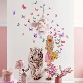Lovely Girl and Stately Tiger Butterfly Wall Stickers,sacinora Art Wall Decals Removable Vinyl Peel and Stick for Nursery Kids Baby Living Room Children's Room Bedroom Decorations