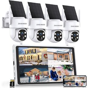 Solar Security Cameras Wireless Outdoor, 4MP FHD Battery Powered Home Security Camera System with 10" Monitor, 4-Cam kit, 360° View, Full Color Night Vision, Motion Detection, Work with Alexa