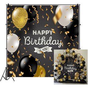 CSFOTO 8x8ft Happy Birthday Backdrop Black Gold Birthday Party Background for Photography Birthday Banner Adult Birthday Photo Background