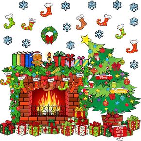Christmas Bulletin Board Set Christmas Tree Fireplace Bulletin Board Decorations Red Green Holiday Board Decoration Cutouts for Classroom Home Decor Fireplace Backdrops