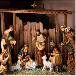 Laeacco 7x5FT Vinyl Backdrop Photography Background Christmas Manger Scene Figurines Jesus Mary Joseph Sheep and Magi Belief The Nativity Story Christ Child Scene Backdrop Photo Shooting Studio Props