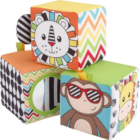 Sassy Baby Eli Elephant, Zebra and Monkey Multi-Colored Developmental Plush Baby Blocks, Set of Three with Crinkle, Mirror and Chime in Saudi Arabia