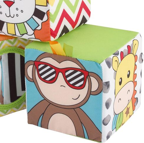 Sassy Baby Eli Elephant, Zebra and Monkey Multi-Colored Developmental Plush Baby Blocks, Set of Three with Crinkle, Mirror and Chime in Saudi Arabia