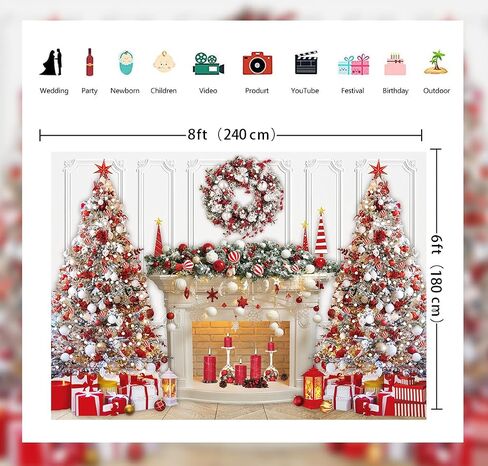 Christmas Photo Backdrop 7x5FT Red White Christmas Tree Fireplace Photography Background for Xmas Family Winter New Year Eve Holiday Party Decorations Banner 82x59 inch in Saudi Arabia