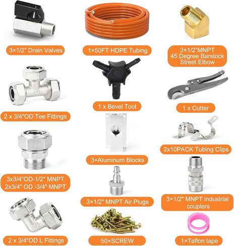 نظام أنابيب الهواء المضغوط، مجموعة تثبيت ضاغط الهواء، مع أنبوب هواء مضغوط 3/4 بوصة معرف × 50 قدم HDPE، كتل منافذ من الألومنيوم، تي شيرت، قاطع، موصلات، تي شيرت، مشابك تثبيت، 98 قطعة in Kuwait