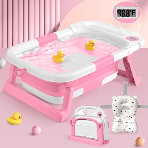 Collapsible Baby Bathtub for Newborn to Toddler, Portable Foldable Baby Bathtub with Soft Cushion and Water Thermometer,No-Slip Hanging Travel Baby Bathtub for Infants 0-36 Months,SalviaBlue in Saudi Arabia