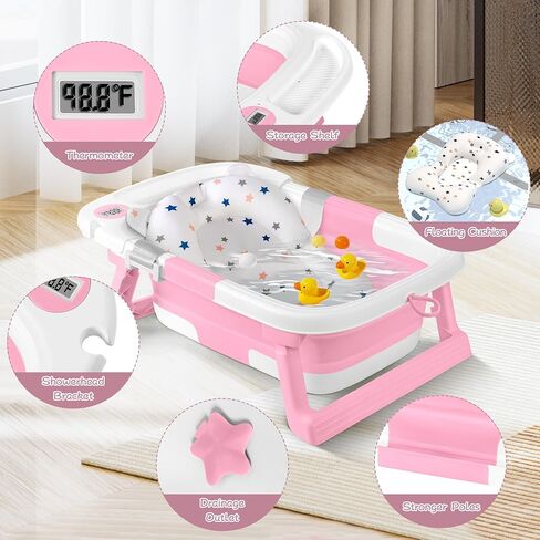 Collapsible Baby Bathtub for Newborn to Toddler, Portable Foldable Baby Bathtub with Soft Cushion and Water Thermometer,No-Slip Hanging Travel Baby Bathtub for Infants 0-36 Months,SalviaBlue in Saudi Arabia