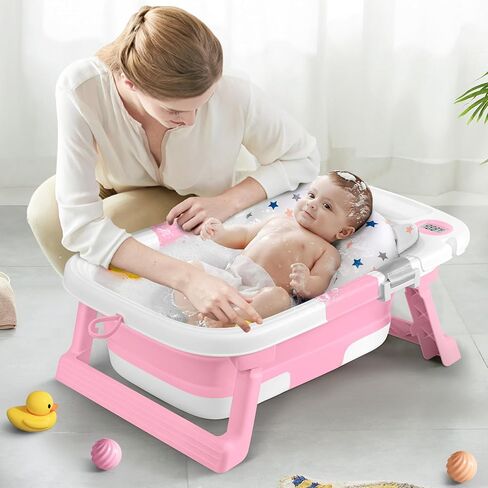 Collapsible Baby Bathtub for Newborn to Toddler, Portable Foldable Baby Bathtub with Soft Cushion and Water Thermometer,No-Slip Hanging Travel Baby Bathtub for Infants 0-36 Months,SalviaBlue in Saudi Arabia