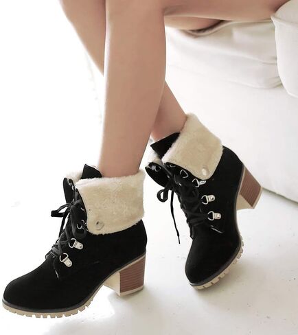 SO SIMPOK إمرأة الدانتيل يصل الفراء الشتاء الثلوج الأحذية كتلة كعب حذاء من الجلد الدافئة الجلد المدبوغ في الهواء الطلق مكتنزة كعب الجوارب السوداء in Kuwait