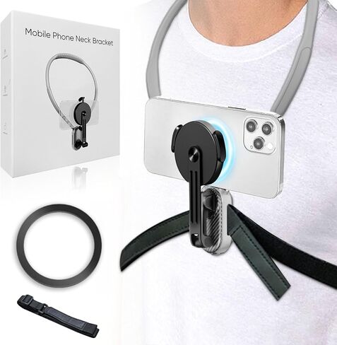 Magnetic Neck Mount for Phones, Neck Cell Phone Holder POV/Vlog Selfie Mount Hand Free Phone Neck Holder Chest Stand Strap Video Recording for iPhone 15 14 13 12 Series Android Phones (Grey) in Saudi Arabia