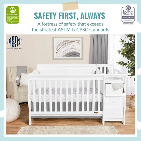 سرير أطفال برودي 5 في 1 قابل للتحويل من Dream On Me باللون الأبيض مع تغيير وأدراج واسعة وطاولة تغيير قابلة للفصل ووسادة تغيير مقاس 1 بوصة in Kuwait