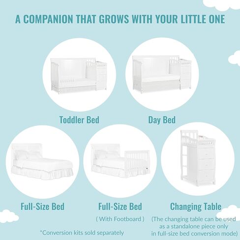 سرير أطفال برودي 5 في 1 قابل للتحويل من Dream On Me باللون الأبيض مع تغيير وأدراج واسعة وطاولة تغيير قابلة للفصل ووسادة تغيير مقاس 1 بوصة in Kuwait