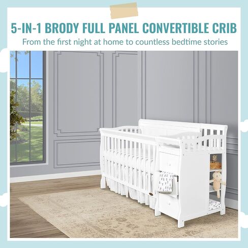 سرير أطفال برودي 5 في 1 قابل للتحويل من Dream On Me باللون الأبيض مع تغيير وأدراج واسعة وطاولة تغيير قابلة للفصل ووسادة تغيير مقاس 1 بوصة in Kuwait