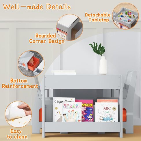 Kids Table and Chair Set, 4 in 1 Wooden Activity Table & 2 Chairs with Storage Drawer Detachable Tabletop for Toddlers Kids Drawing, Reading, Crafts, Art,Homework, Nursery, Playroom in Saudi Arabia